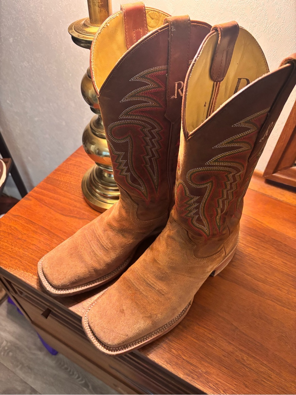 Men's Tan Suede Western Cowboy Boots with Embroidered Shaft